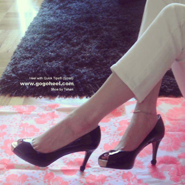 black patent peep toe pumps