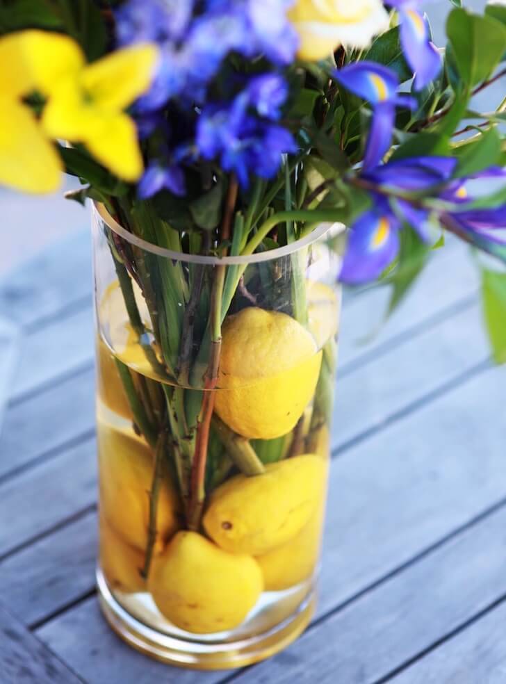 Lemons in flower vase to weight it down