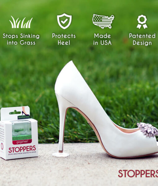 STOPPERS Heel Protector on white wedding high heels on grass