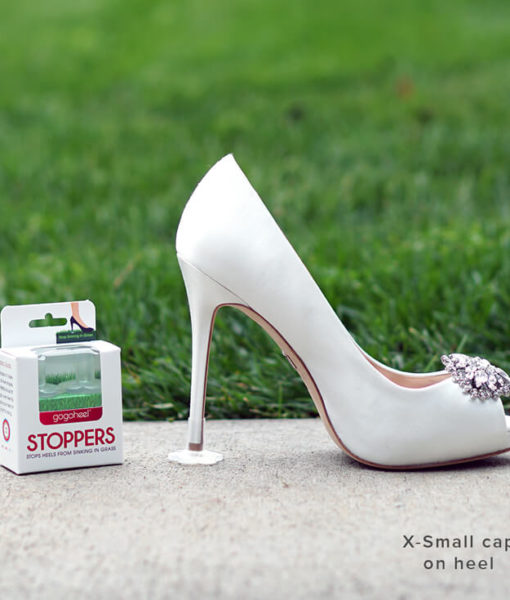 STOPPERS Heel Protector on white wedding high heels on grass